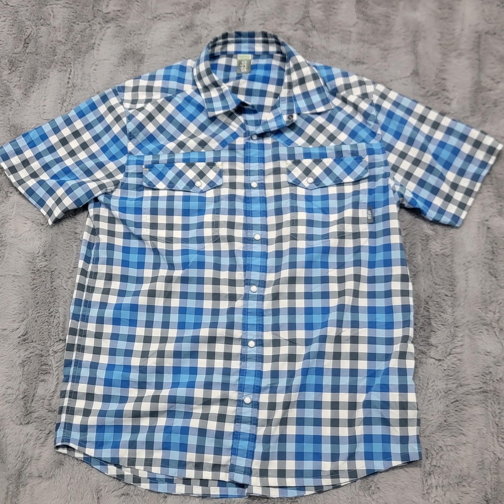 Stio Eddy Shirt Mens Medium Blue Check Short Sleeve Pearl Snap Button Outdoor